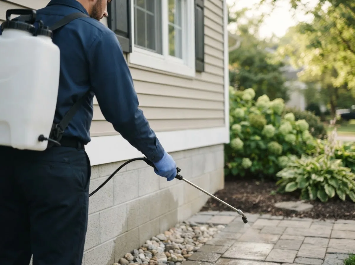 Pest control technician inspecting a home in Dewitt, IL